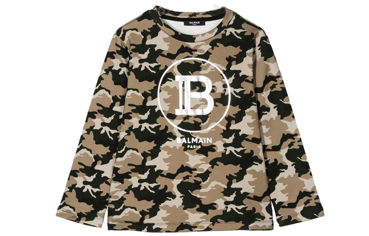 Balmain Camo Print Crewneck Long Sleeve Sweatshirt 6M4590ME430720