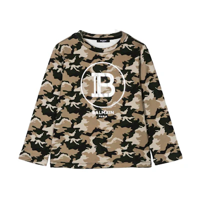 Balmain Camo Print Crewneck Long Sleeve Sweatshirt 6M4590ME430720