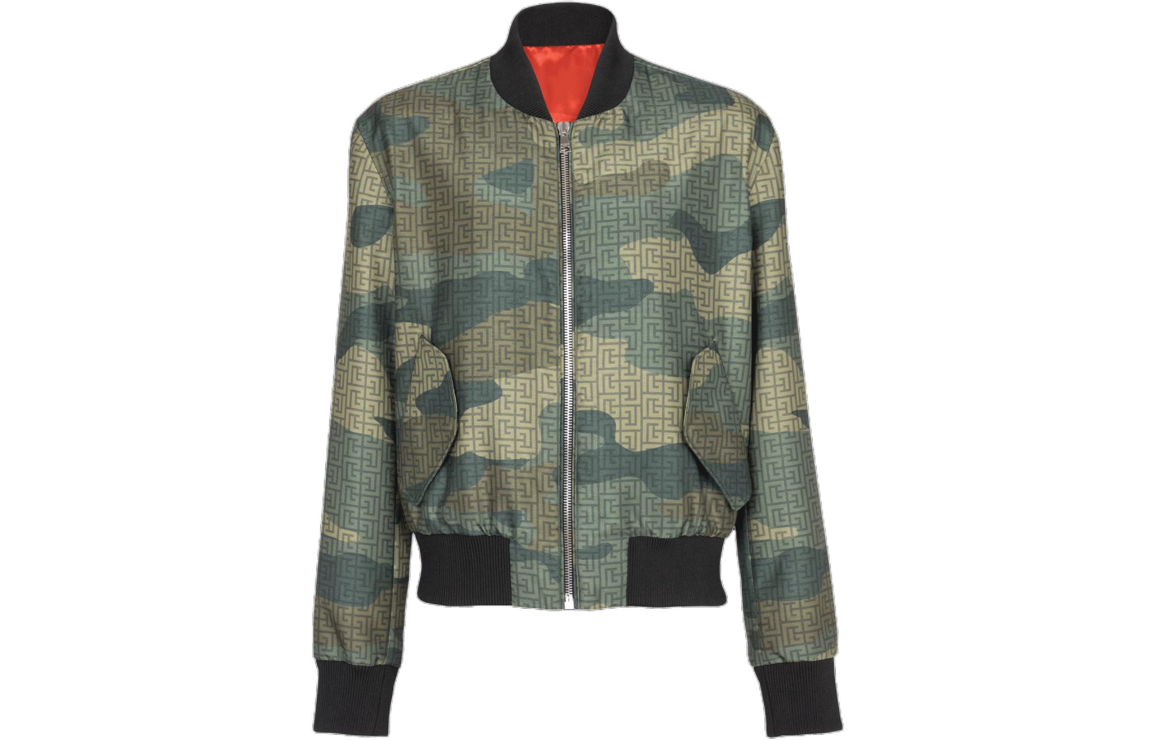 Balmain Camouflage Monogram Shantung Bomber Jacket Khaki Long Sleeve CH2TF700-XJ05-UDF
