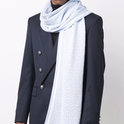 BALMAIN 經典Logo提花圍巾 白色/淺藍 男士. WH1XG000K036-GFQ Lookbook BALMAIN 經典Logo提花圍巾 白色/淺藍 男士. WH1XG000K036-GFQ