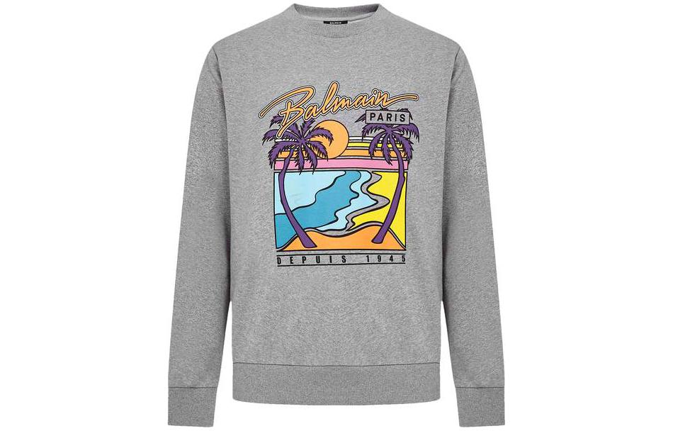 Balmain Coconut Tree Print Crewneck Sweatshirt Grey VH1JQ010-G022-9UB