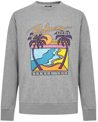 Balmain Coconut Tree Print Crewneck Sweatshirt Grey VH1JQ010-G022-9UB Buy Balmain Coconut Tree Print Crewneck Sweatshirt Grey VH1JQ010-G022-9UB