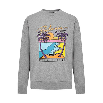 Balmain Coconut Tree Print Crewneck Sweatshirt Grey VH1JQ010-G022-9UB
