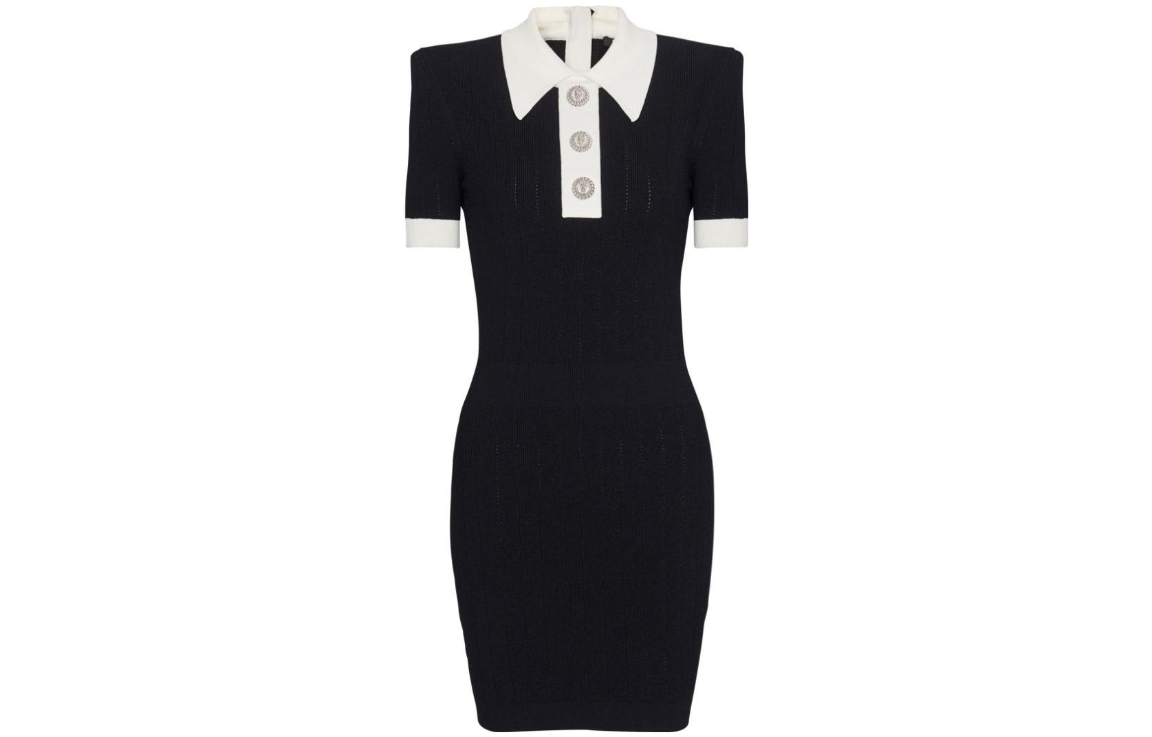BALMAIN Contrast Collar Slim Fit Short Sleeve Mini Dress Black BF0R6090K-F01