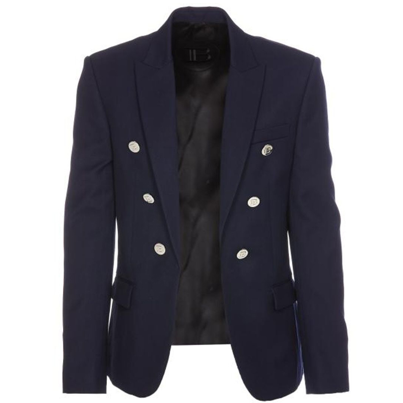 Balmain Double-Breasted Blazer in Solid Navy SG075WB026UB