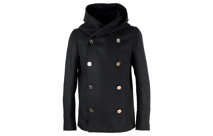 Balmain Double-Breasted Hooded Wool Jacket in Black WH0UA005-W065-0PA