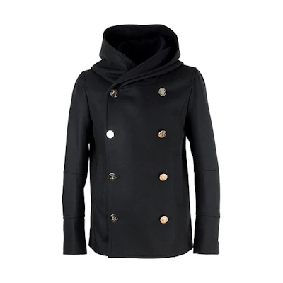 Balmain Double-Breasted Hooded Wool Jacket in Black WH0UA005-W065-0PA