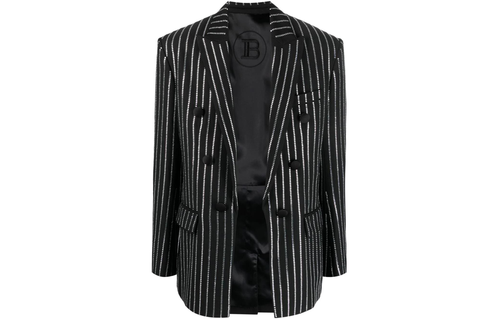 Balmain Double-Breasted Striped Blazer Jacket Black BH0SG045-XH71-EHV