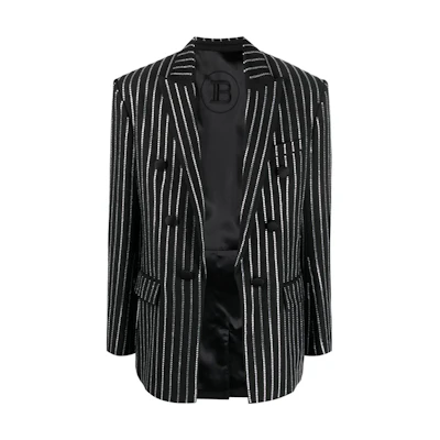 Balmain Double-Breasted Striped Blazer Jacket Black BH0SG045-XH71-EHV