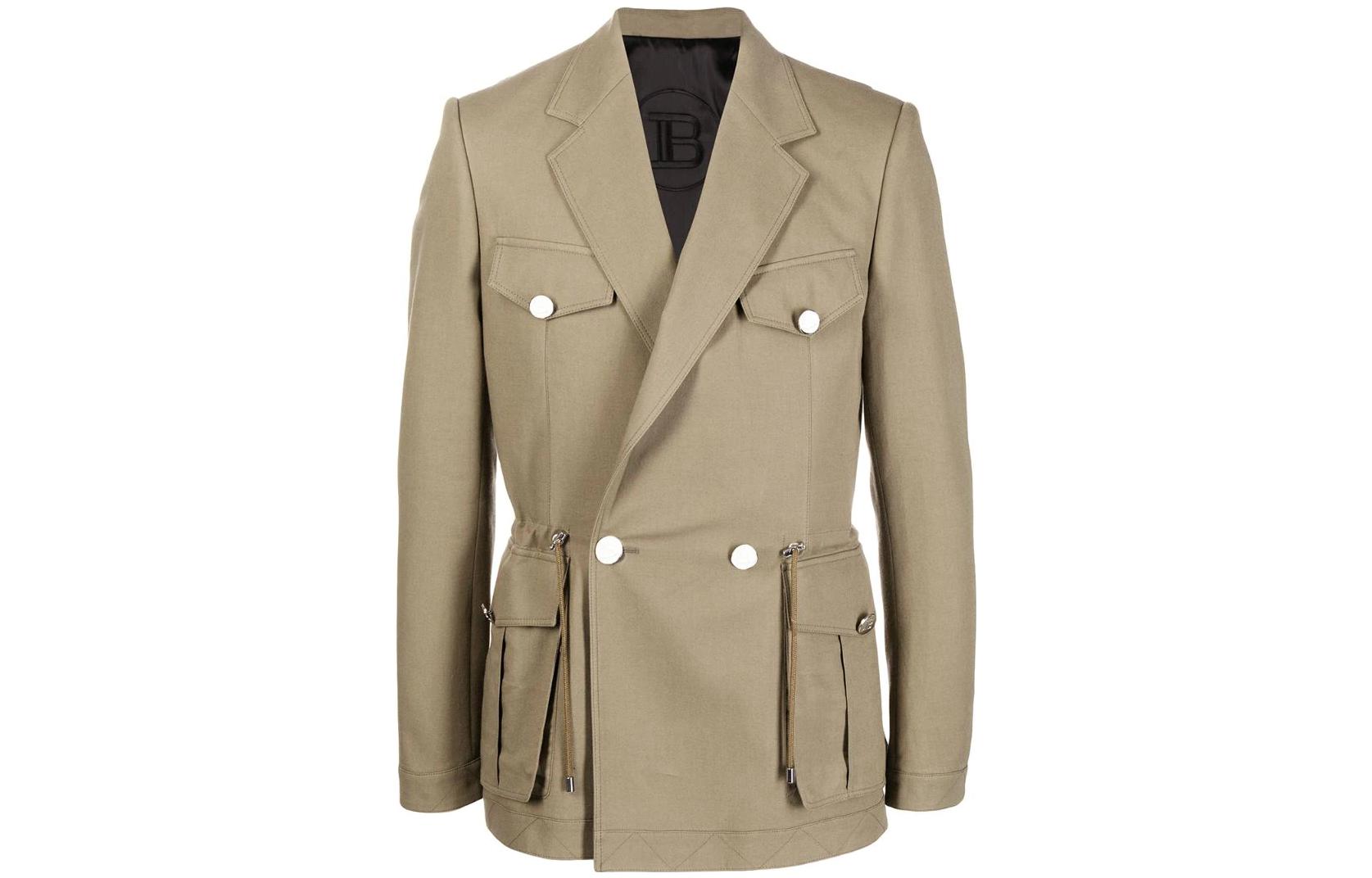 Balmain Double-Breasted Utility Pocket Jacket Khaki Color XH1SI007CB407UC