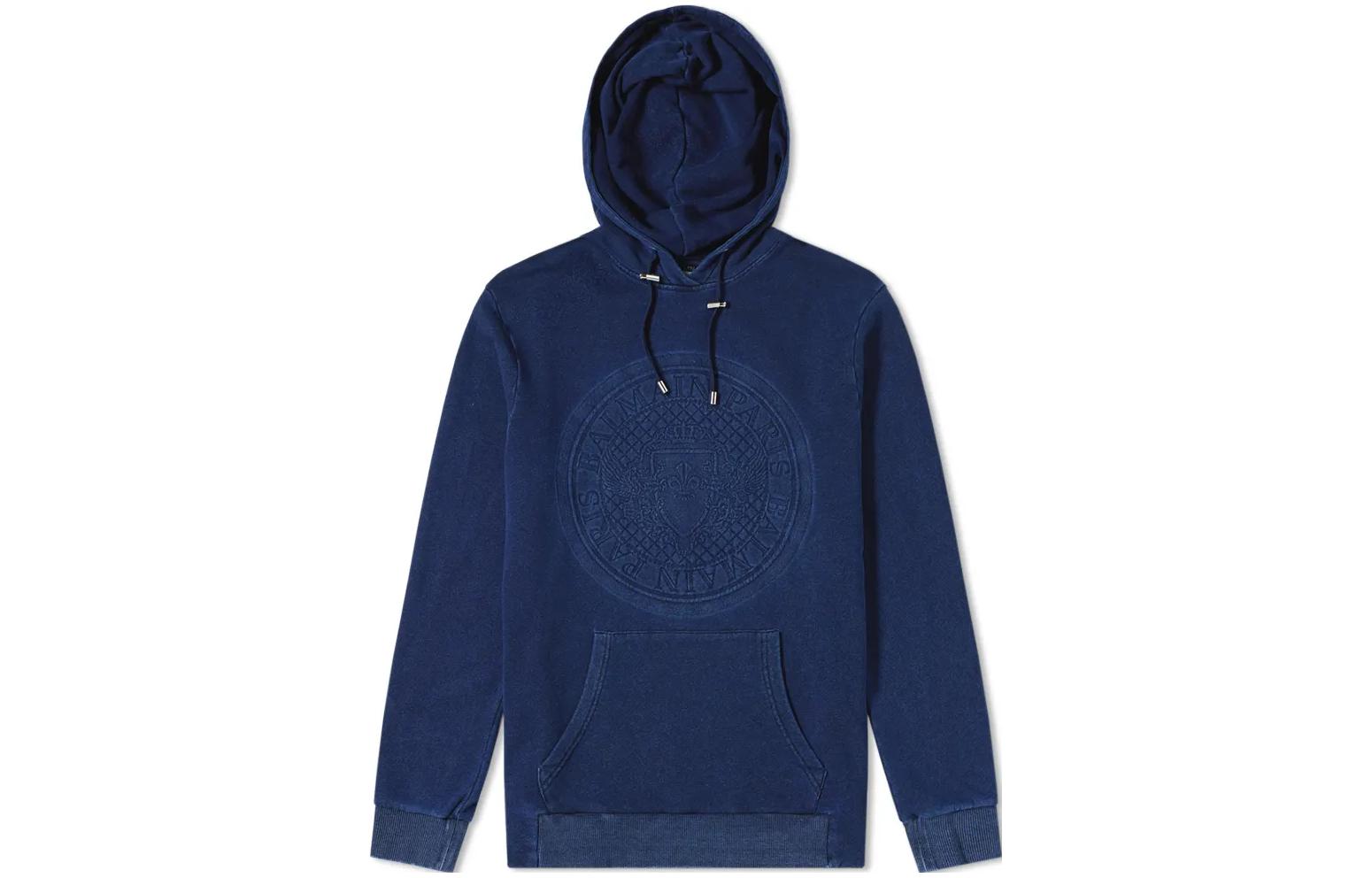 Balmain Embossed Pattern Pullover Hoodie Men’s Blue W8H6690J179155