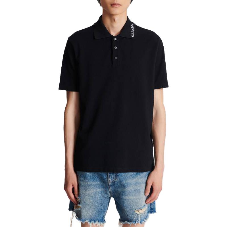 Lookbook BALMAIN Polo Hitam Bordir Lengan Pendek Pullover. CH1GC026-BC62-EAB