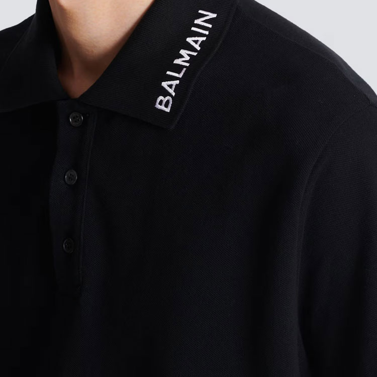Sizing BALMAIN Polo Hitam Bordir Lengan Pendek Pullover. CH1GC026-BC62-EAB