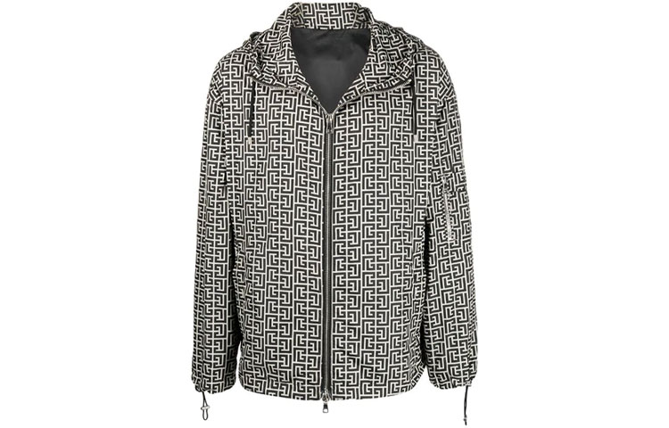 Balmain FW21 All-Over Print Hooded Jacket Black VH0TG036X164-GFE