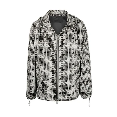 Balmain FW21 All-Over Print Hooded Jacket Black VH0TG036X164-GFE