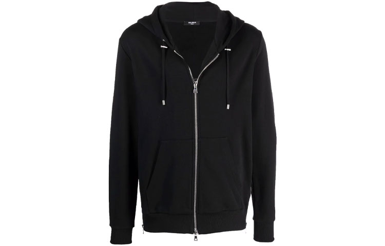 Balmain FW21 Black Solid Zip-Up Hoodie with Drawstrings WH1JR010B141-0PA