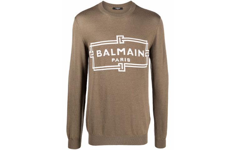BALMAIN FW21 Brown Logo Pattern Jacquard Crewneck Sweater. XH1KD000-KB49-WBU
