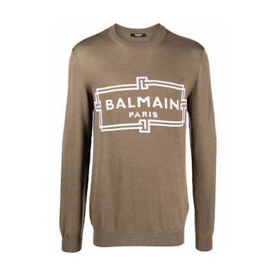 BALMAIN FW21 Brown Logo Pattern Jacquard Crewneck Sweater. XH1KD000-KB49-WBU