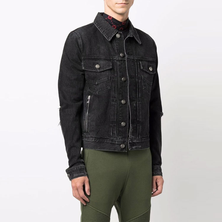 Shop 발망 FW21 디스트레스드 데님 자켓 남성 블랙 WH0TC015-013D-0PA