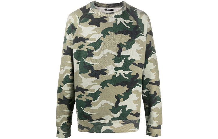 Balmain FW21 Embossed Logo Camo Pullover Sweatshirt Green () TH13998I210-7UA