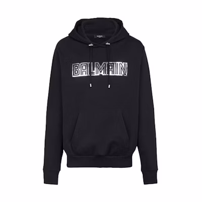 BALMAIN FW21 Embossed Logo Print Drawstring Hoodie Black WH0JR002B160EAC