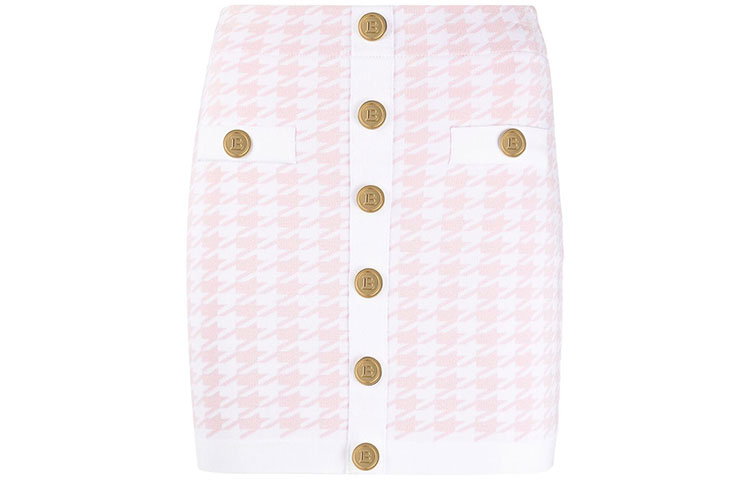 BALMAIN FW21 Houndstooth Knit Mini Skirt Rose Pink WF1LB290K286-GGF