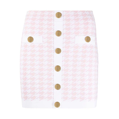BALMAIN FW21 Houndstooth Knit Mini Skirt Rose Pink WF1LB290K286-GGF