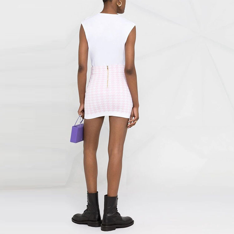 Shop BALMAIN FW21 千鳥格紋針織迷你裙 粉紅色 WF1LB290K286-GGF