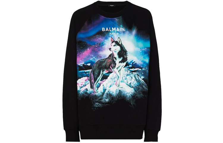 Balmain FW21 Husky Logo Print Pullover Sweatshirt Black Men’s UH13418I310AAA