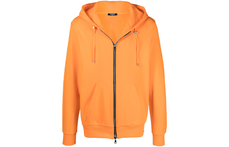 Balmain FW21 Logo Embossed Orange Zip-Up Hoodie Jacket for Men VH1JR010-B025-2KD