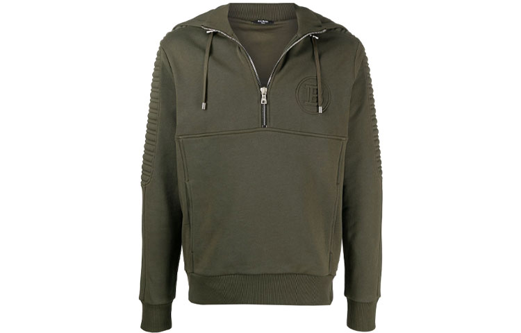 Balmain FW21 Logo Embossed Zip-Up Hoodie Jacket Green () VH1JQ008B0127UA