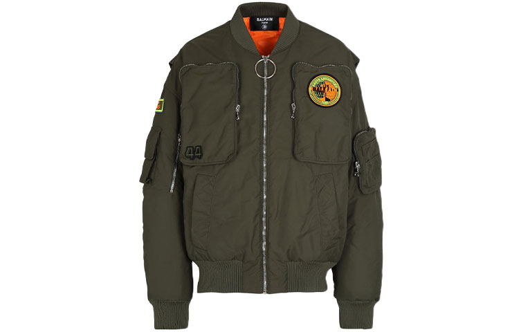 Balmain FW21 Logo Patch Utility Bomber Jacket in Dark Khaki WH0TF130XA02-7AP
