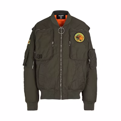 Balmain FW21 Logo Patch Utility Bomber Jacket in Dark Khaki WH0TF130XA02-7AP