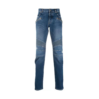 BALMAIN FW21 Logo Patch Washed Ribbed Tapered Jeans Men’s Blue WH1MH005-031D-6AA