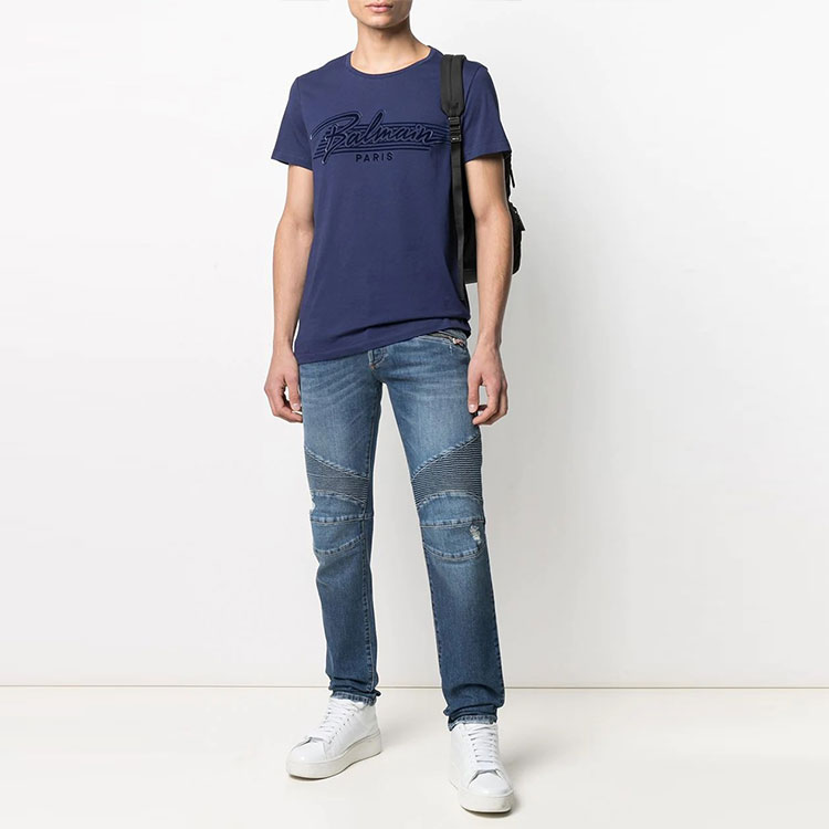 Lookbook BALMAIN FW21 Logo Patch Jeans Lelaki Biru Ribbed Tapered Terkini. WH1MH005-031D-6AA