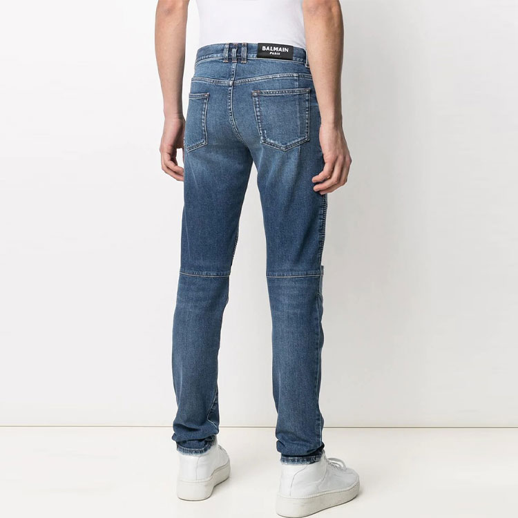 Shop BALMAIN FW21 Logo Patch Jeans Lelaki Biru Ribbed Tapered Terkini. WH1MH005-031D-6AA