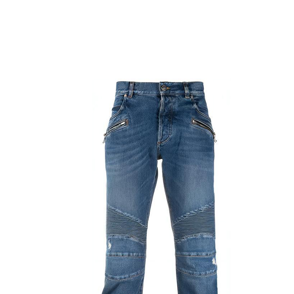 Details for BALMAIN FW21 Logo Patch Jeans Lelaki Biru Ribbed Tapered Terkini. WH1MH005-031D-6AA