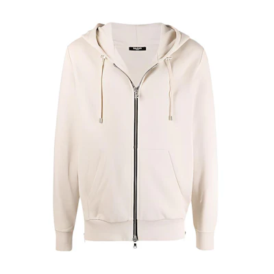Balmain FW21 Logo Print Drawstring Zip Hoodie Sweatshirt Men’s Off-White WH1JR010B115-GFE