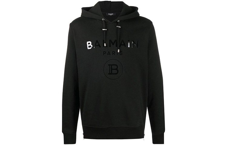 Balmain FW21 Logo Print Side-Zip Pullover Sweatshirt Black () UH13391I382-EAP