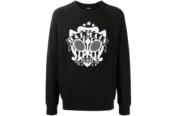 Balmain FW21 Logo Tennis Print Crewneck Sweatshirt Black Mens WH1JQ034JA01-EAB