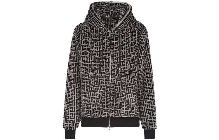 Balmain FW21 Monogram Faux Fur Track Jacket Black WH1JR016X165GFE