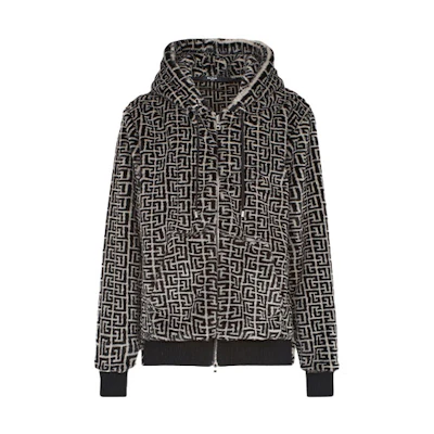 Balmain FW21 Monogram Faux Fur Track Jacket Black WH1JR016X165GFE