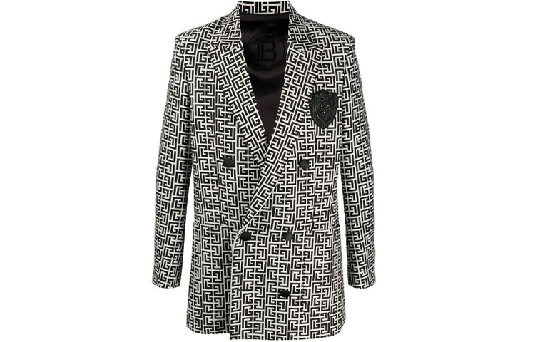 BALMAIN FW21 Monogram Logo Print Blazer Black White VH0SI025C212-GFE
