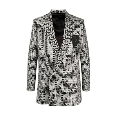 BALMAIN FW21 Monogram Logo Print Blazer Black White VH0SI025C212-GFE