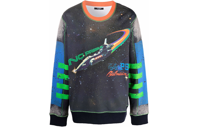 Balmain FW21 Spaceship Graphic Pullover Crewneck Sweatshirt Blue WH0JS001-G114
