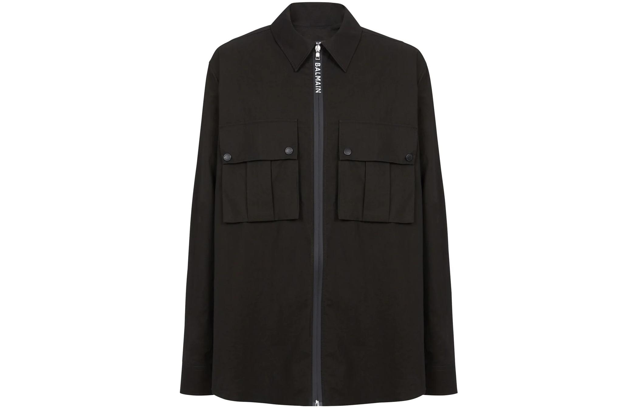 BALMAIN FW22  Black Long Sleeve Shirt with Logo Print and Zipper Pockets YH1HD010CB33-0PA