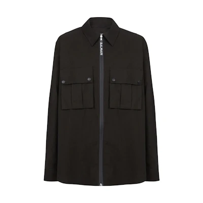 BALMAIN FW22 Black Long Sleeve Shirt with Logo Print and Zipper Pockets YH1HD010CB33-0PA