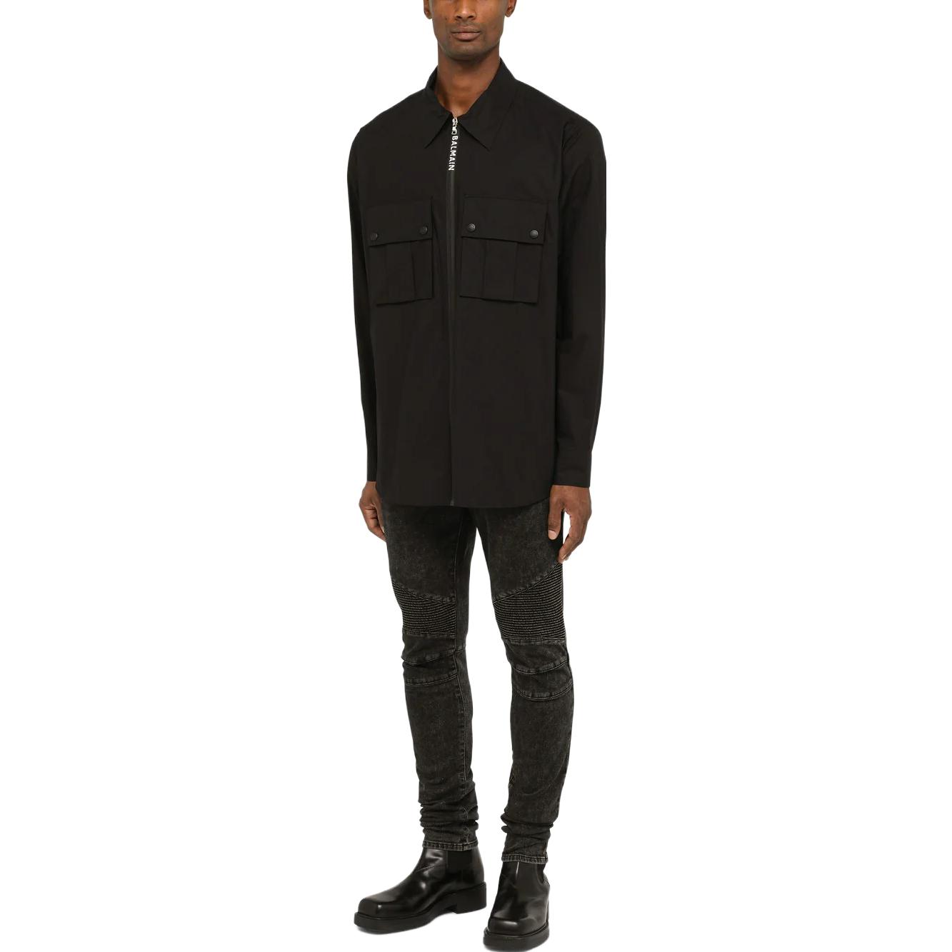 Lookbook BALMAIN FW22  Black Long Sleeve Shirt with Logo Print and Zipper Pockets YH1HD010CB33-0PA