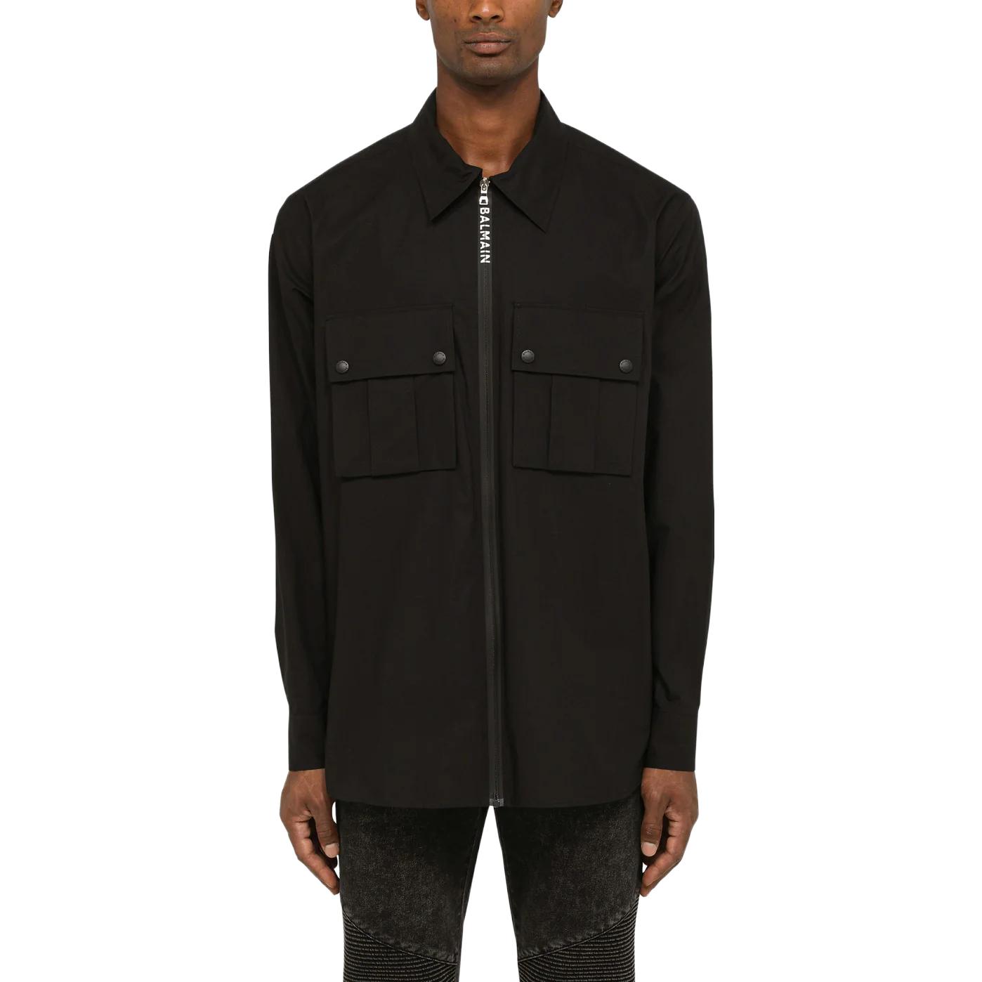 Shop BALMAIN FW22  Black Long Sleeve Shirt with Logo Print and Zipper Pockets YH1HD010CB33-0PA