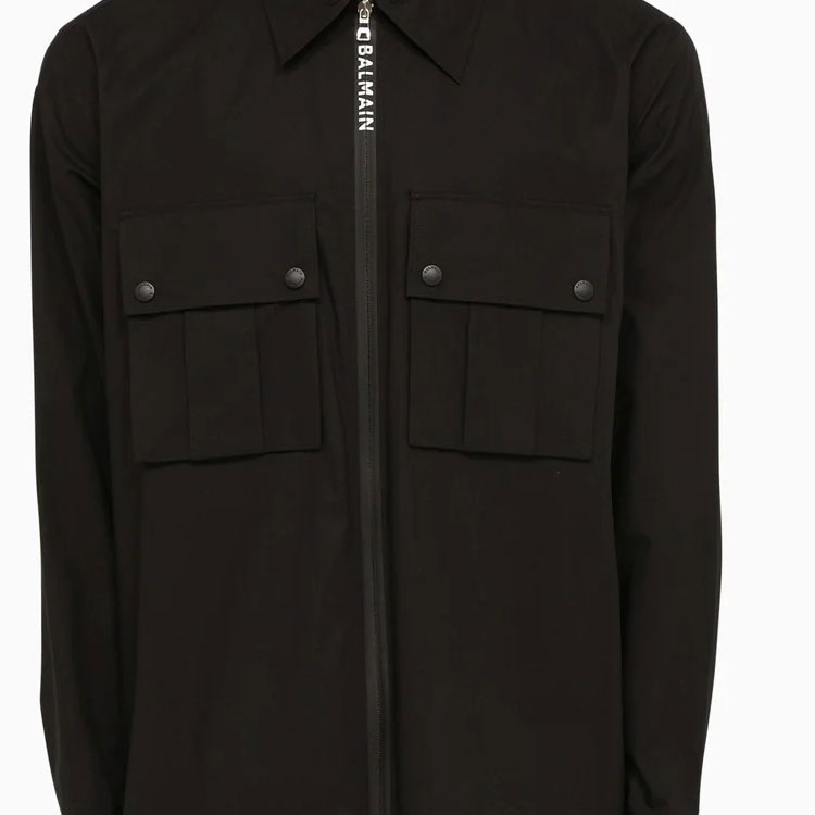 Sizing BALMAIN FW22  Black Long Sleeve Shirt with Logo Print and Zipper Pockets YH1HD010CB33-0PA